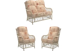 DESSER & CO LTD THE HOME OF RATTAN FURNITURE SINCE 1919 Desser Morley Rattan Conservatory Furniture Set – 2 Seater Sofa & 2x Armchairs – Indoor Cane Wicker Chair Settee Suite with UK Made Cushions – Monet Fabric