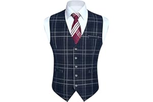 HISDERN Men's Check Waistcoats Formal Classic Plaid Waistcoat Wedding Casual Tartan Suit Vest with pockets