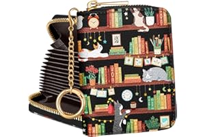 Hautebella Credit Card Holder for Women Cute Small for Ladies Teen Girls Female RFID Leather Cardholder Wallets with Keychain Accordion Organizer Purse Bookshelf Girly Aesthetic Print Unique Zipper