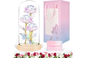 BoriYa Rosa Eterna en Vidrio, Regalos de Rosas Galaxia para Mujeres, Rosa de la Bella y la Bestia con Luz, 3 Rosas Brillantes en Cúpula de Vidrio, Rosas de Vidrio LED Hermoso Regalo para Ella, Novia