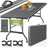 tillvex - Folding Plastic Garden Table 180 x 75 cm with Handle for Terrace Garden Balcony Camping 8 People