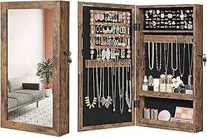 SONGMICS Wall-Mounted Jewellery Cabinet, Mirror with Storage, Lockable Mirrored Cabinet, Jewellery Organiser with Mirror, Space-Saving, Rustic Brown Surface, Black Lining JJC051K01