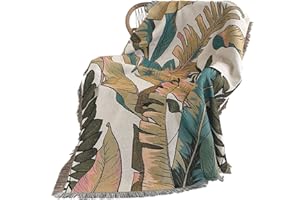 Queenshin 100% Cotone Boho Foglie Lavorato a Maglia Soffice Coperta Tappetino Arazzo, 390 GSM Morbida Coperta Bohémien per Divano Letto Soggiorno, 130 * 160 CM