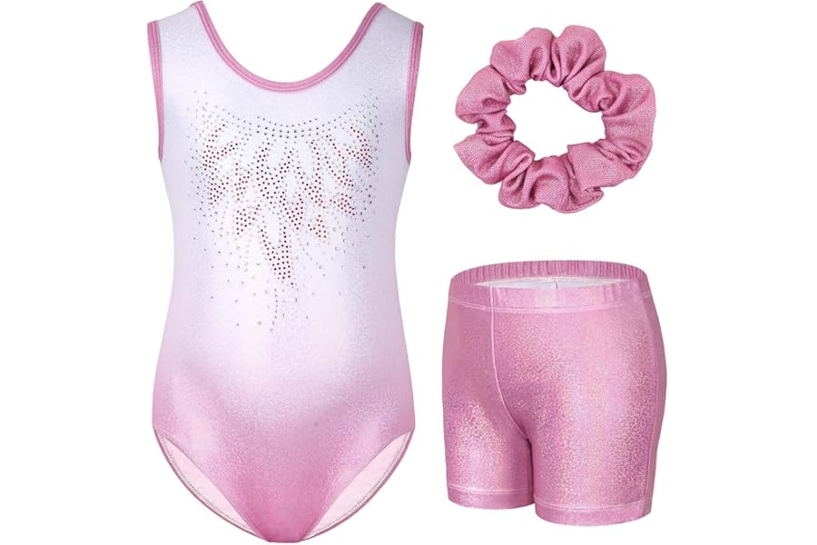 Gogokids Girls' Three-Piece Gymnastics Set, Sleeveless Leotards with Shorts and Hairband, Sparkling Ballet Dancing Unitards - Gymnastics Outfit with Gradient Color Design for 3-12 Years