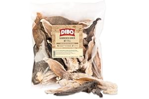 DIBO Orecchie di coniglio con pelliccia, sacchetto da 250 g, spuntino naturale essiccato al 100% per cani, pulizia naturale dell'intestino