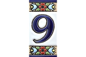 ART ESCUDELLERS House Number Signs with Numbers and Numbers on Ceramic Tile Hand-painted Cord Technique for Signs with Names, Addresses and Signposts. Design FLORES MINI 7.3 cm x 3.5 cm (Number Nine "9")