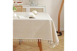 Meioro Manteles Rectangular Mantel Antimanchas Mantel para Mesa de Lino Striped Tassel Tablecloth La decoración del hogar es Adecuada (Albaricoque/Rayas Blancas, 100×140cm)