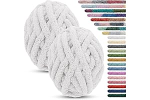 LEREATI 2 x 25.6m Pelote Laine Grosse Maille 2cm Fil Laine Chenille Crochet Grosse Laine à Tricoter à la Main Laine Velours pour Couvertures Lit pour Animaux Écharpes Chapeaux (Blanc)