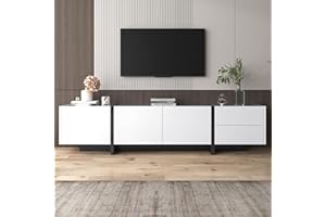 BTM TV Stand, TV Stand Cabinet,TV cabinet, low panel with colorblocked legs in high-gloss white and black, with doors and drawers, doors with shelves. Simple line design,190x35x45cm