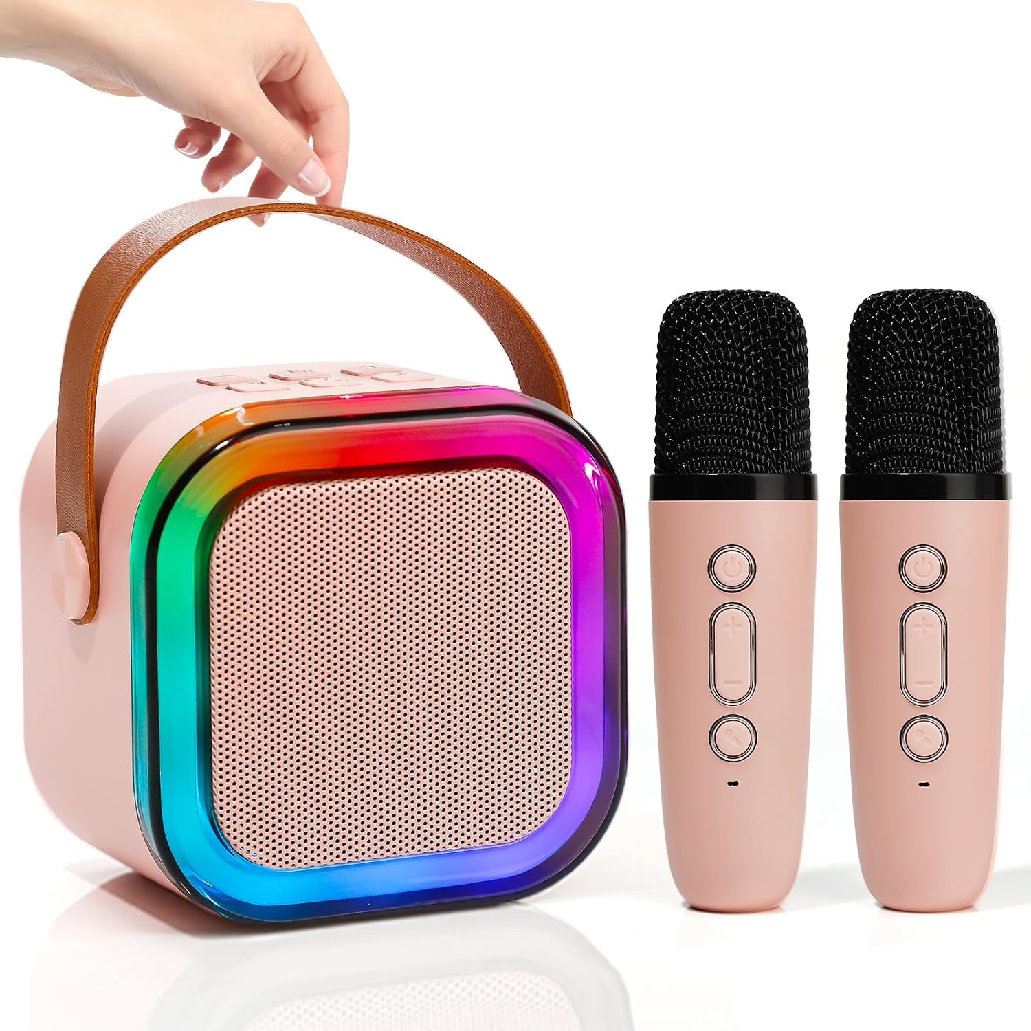 Mini máquina de Karaoke con 2 micrófonos inalámbricos, Luces LED, Efectos de Voz, Altavoz portátil para niños de 3, 4, 5, 6, 7, 8, 9, 10, 11, 12 años o más, Regalo de cumpleaños para niñas de (Pink)