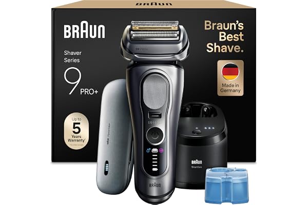 Braun Rasoir Electrique Homme Series 9+ PRO 9677CCE Argent, Etanche, Lames De Précision Ultra-Fines Et Tondeuse Pro Trimmer Pour Bien Raser La Barbe, Coffret Rasage Avec Station De Nettoyage Et Etui