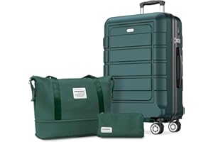 SHOWKOO Koffer Groß Hartschale Leicht ABS+PC Erweiterbar Reisekoffer Haltbar Handgepäck Sets 4 Rollen TSA-Schloss mit 1 Reisetasche und 1 Kulturtasche, XL -Armeegrün