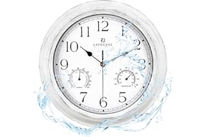 Lafocuse 30cm Horloge Murale Exterieure Etanche avec Thermomètre et Hygromètre, Vintage Blanc Pendule Murale Retro, Silencieuse Shabby Chic Deco pour Extérieur, Jardin, Balcon, Salle de Bain, Cuisine