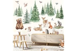 wondever Adesivi Murali Animali Foresta Albero Pino Grande Sticker da Muro Animali del Bosco Cervo Orso Volpe Adesivi da Parete per Camerette Bambini Asilo Nido