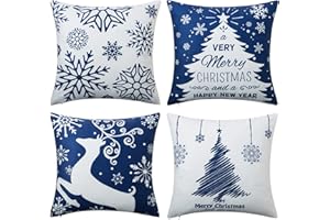 Hapterouse Dekoracyjne świąteczne poszewki na poduszki, zestaw, 45 x 45 cm, dom wiejski, do domu, drzewo, jeleń, płatki śniegu, na kanapę, niebieskie