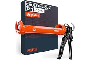 Presch Silicone Gun 12:1 Thrust Ratio with Drip-Stop – Caulking Gun for up to 310ml cartridges (Low Viscosity, Acrylic & Silicone) – 360° Rotating Barrel with Integrated Puncture pin