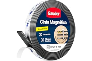 GAUDER Cinta Magnética Autoadhesiva con Adhesivo 3M - Tira Magnética Fuerte y Recortable - Alta Fuerza de Sujeción con Reverso 3M (3 m x 15 mm)