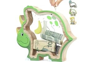 DBPBToU Hucha infantil de madera con diseño de dinosaurio, hucha transparente para niños, personalizable, regalo de cumpleaños (Triceratops)