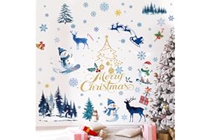 ‎SHUCHING SHUCHING Wandtattoo Weihnachten Blau, Wandsticker Winter Schneemann Schneeflocke und Goldener Weihnachtsbaum, Wandaufkleber für Wohnzimmer Schlafzimmer Kinderzimmer Party Weihnachtsdeko