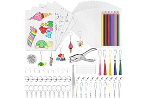 PLULON Kit plástico termoencogible 194 piezas, papel retráctil en blanco, papel arte retráctil, perforador, pinzas, lápices, llaveros, accesorios para adornos bricolaje, manualidades creativas