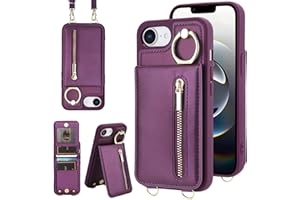 Jcxtrombulous Hülle für iPhone 16E Hülle Stoßfeste Handyhülle mit Verstellbarer Halskette RFID Reißverschluss Geldbörse Etui mit Kartenfach mit Band Ring Ständer Case für Frauen-Dunkellila