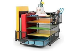 KoolShiro Desk Organiser with File Holder, 5-Tier Desk File Organiser with Drawer and 2 Pen Holders, Paper Letter Tray and Accessories for Office Supplies (Black)