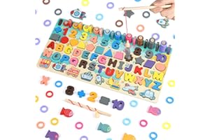 Carastek Holzblöcke Puzzle Kinder Spielzeug, 7 in 1 Puzzles Kinder Holzspielzeug Montessori Spielzeug Zählen Alphabet Lernen Holz Stapelringe Formensortierer Stapel Spiel für Jungen Mädchen Kinder