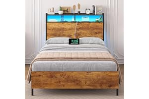 Brinlawb Cadre de Lit 90x200 avec sommier en Métal, Lit 90 x 200 cm avec LED et Multiprise (2 Prises CA, 2 Ports USB), lit 1 personne avec étagère de rangement, Facile à assembler, Marron Vintage Noir