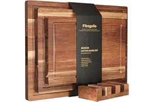 Fibogollo Acacia Wood Cutting Boards for Kitchen(Set of 3),Wooden Chopping Boards Set with Juice Groove, Large Chopping Board with Holder,Butcher Block for Meat,Vegetables,Fruit