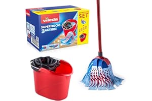 Vileda SuperMocio 3Action Mop and Bucket Set, Mop for Cleaning Floors, Set of 1x Mop and 1x Bucket, Red/Grey/Blue