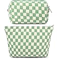 SOIDRAM 2 Pieces Makeup Bag Large Checkered Cosmetic Bag Capacity Canvas Mix Travel Toiletry Bag Organizer Cute Makeup Brushes Aesthetic Accessories Storage Bag for Women, Light green, Checkered Light