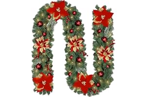 GLOSKIN Guirnaldas Navideñas, 270cm Guirnalda Navidad con Luces Led, Bayas y Flores Grandes Guirnalda Escaleras Navidad para Escaleras, Chimeneas, Puertas, Ventanas, Decoración Navideña Interior y Exterior