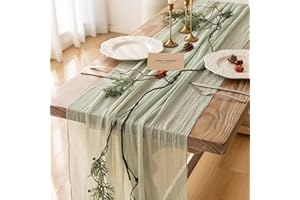 KEKETOARRANGE Keketo, Runner da tavola pasquale in garza, in tessuto rustico e bohémien, per matrimoni, baby shower, baby shower, decorazioni per la casa, primaverili, colore: verde salvia, 305 cm x 3 m