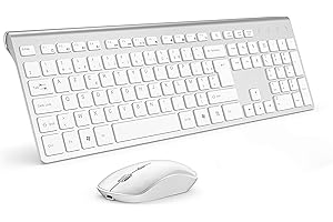 Clavier Souris sans Fil Rechargeable, JOYACCESS 2,4Ghz Compacte, Portable Silencieux 2400 DPI Ergonomique pour PC, Smart TV, Ordinateur(AZERTY Disposition)-Blanc Argent