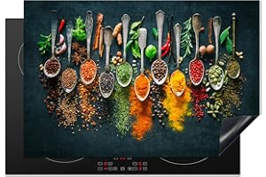 KitchenYeah© Herdabdeckplatte Einteilig Ceranfeld Abdeckplatte Induktionsschutz Küche Deko Vinyl Matte Aufrollbar Kräuter - Gewürze - Löffel - Pfeffer - 77x51 cm