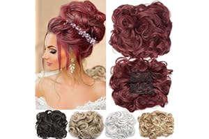 MY-LADY Messy Bun Hair Piece with Combs Clip in Scrunchie Juva Bun Dish Fluffy Wavy Hair Updo Easy Stretch Big Chignon Short Ponytail Hairpiece for Women Wine Red