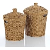 Kapaklı Rattan Patates Soğan Saklama Sepeti 2&rsquo;li Set &ndash; Kiler/Mutfak Organizer, Doğal Hasır G&ouml;r&uuml;n&uuml;m (27&times;28&times;27 cm + 23&times;24&times;24 cm
