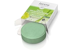 lavera Stały pielęgnujący żel pod prysznic Happy Freshness – z ekologiczną limonką i trawą cytrynową – delikatnie oczyszcza skórę bez wysuszania – 3 x wydajniejszy niż płynny żel pod prysznic – naturalny kosmetyk – 1 szt./50 g