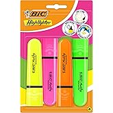 BIC Marking Flat Higlighter Fosforlu Kalem 4'l&uuml; Blister, 4 Renk (Sarı, Turuncu, Pembe, Yeşil), Su Bazlı, Hızlı Kuruyan M&uuml;rekk
