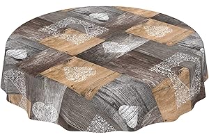 ANRO Mantel de hule lavable con un trapo, con diseño de entablado, amor, de color marrón-gris, redondo, 140 cm