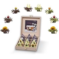 Creano Teelini Teeblumen im Tassenformat, Geschenkset in Teekiste aus Holz, 12 Erblühteelini in 8 Sorten - Weißer Tee…