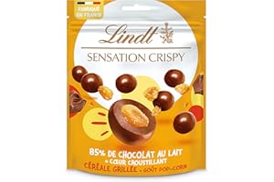 Lindt - Sachet de billes Céréale Grillée SENSATION CRISPY - Chocolat au Lait Goût Pop-Corn, 140g