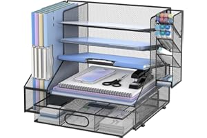 SUPTIDY Schreibtisch Organizer mit Aktenhalter, 5-Tier Mesh Papier Brief Tray Organizer mit Stifthalter und Schublade für Bürobedarf, Schwarz