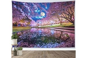 LB Fleur Rose Tapisserie Murale Jardin japonais Ciel bleu Tenture Murale Nature Paysage Tapisseries Decoration pour Maison Salon Chambre Dortoir,235x180cm