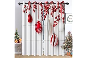 ‎TTINCCEER Ttincceer Weihnachtsvorhang für Wohnzimmer Rot Weihnachten Ornament Kugeln Winter Grau Holz Verdunkelung Schlafzimmer Vorhänge Wärmeisolierte Fenster Vorhänge für Schlafzimmer Dekor 117x138cm