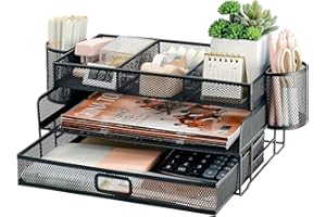 PLSOPPKG 2-stöckiger A4-Dokumenten-Organizer mit Schreibwaren-Halter, drahtgebundener Netz-Papiersortierer mit Schublade, multifunktionaler Schreibtisch-Organiser für Büro, Zuhause und Schule