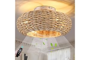 KZT Ventilador de techo con luz E27 silencioso Lámpara De Techo con mando a distancia Lámpara de araña bambú ratán tejida a mano Ventilador con Iluminación Para Sala De Estar Dormitorio Comedor