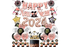 WLKQY Silvester Deko 2024 Rosegold, Neujahr Deko 2024 Happy New Year Banner, 2024 Folienballon Konfetti Luftballons Happy New Year Cake Topper, 2024 Neujahrsdeko Party Deko Set für Silvesterparty