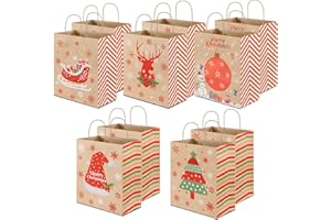 ARDFFA Christmas Kraft Gift Bags with Handles, 10Pcs Assorted Festive Pattern Paper Xmas Gift Bags for Xmas Gift Packing Present Wrapping, Party Favors and Candy Treats Supplies, 21 x 15 x 8cm