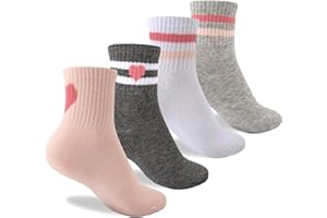 WEESTAAMO Sportsocken Mädchen 3-12 Jahre, 4 Paar Hochelastisch Baumwollsocken Schulkind mit Retro Streifen und Herzen für Schule Tennis Alltag, Geschenk Einschulung Mädchen​